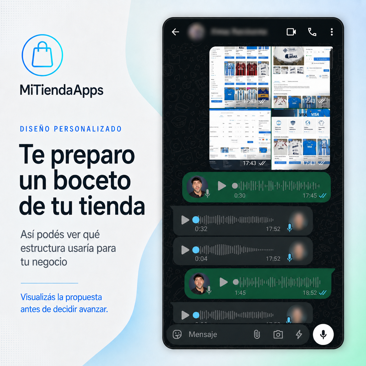 Captura real de WhatsApp con el envío de un boceto personalizado de una tienda online